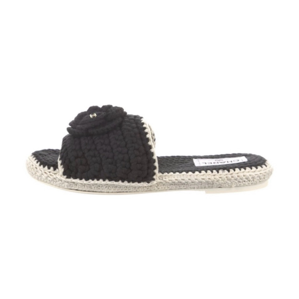 New Chanel Crochet Camellia Slide Slippers Black Beige 37/7 - Picture 3 of 5